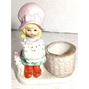 Vintage Jasco 1979 Hand Painted Porcelain Little luvkin Bunny Girl Candle Holder